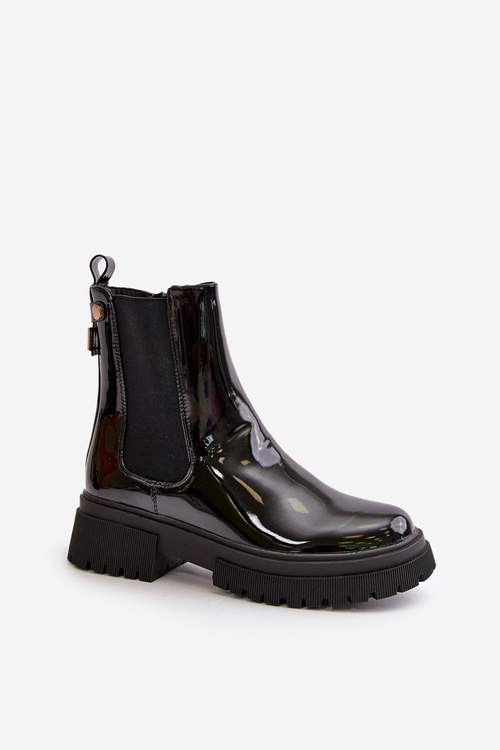 Black Zip-Up Glossy Ankle Boots Groesta