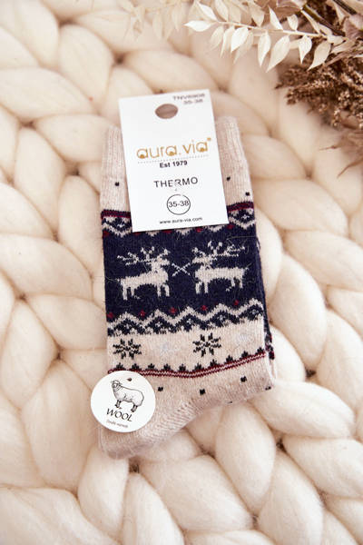 Women's Christmas Woolen Socks Reindeer Pattern Beige and navy blue
