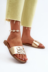 Women's Sandals with Eco Leather Decoration on Flat Heel Golden Sadria