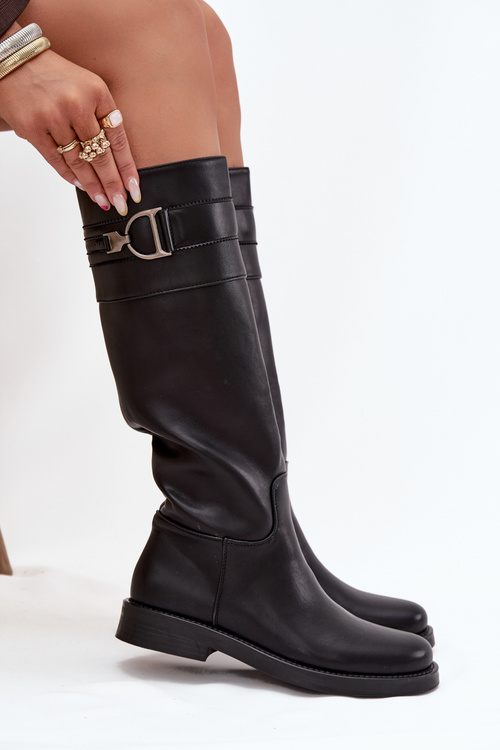 Women's Flat Heeled Boots with Decorative Detail Black Arvessa