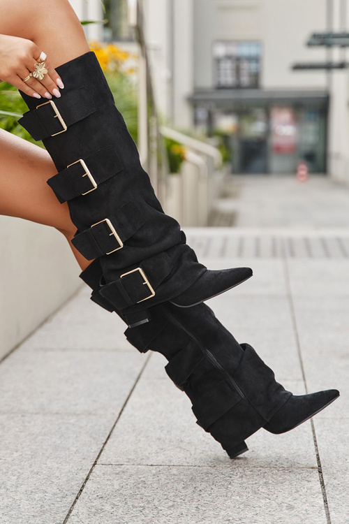 Women's heeled boots with turned-up shaft and gold buckles eco suede black Isavelle