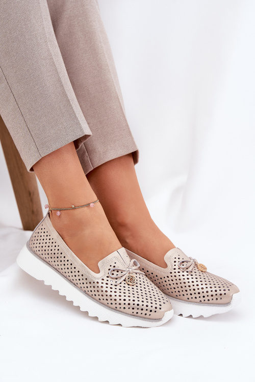 Półbuty Damskie Ażurowe Na Platformie Skóra Naturalna Złote D&A LR51-631