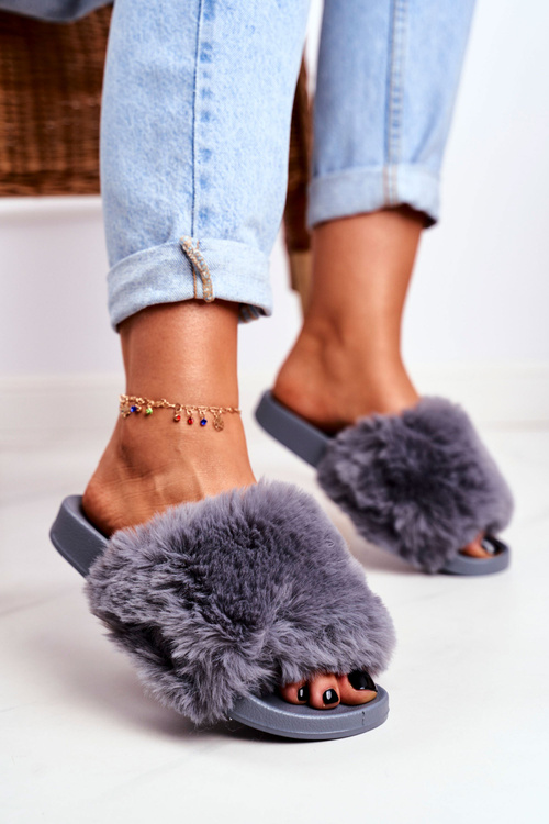 Women's Slides With Fur Grey Sensitive