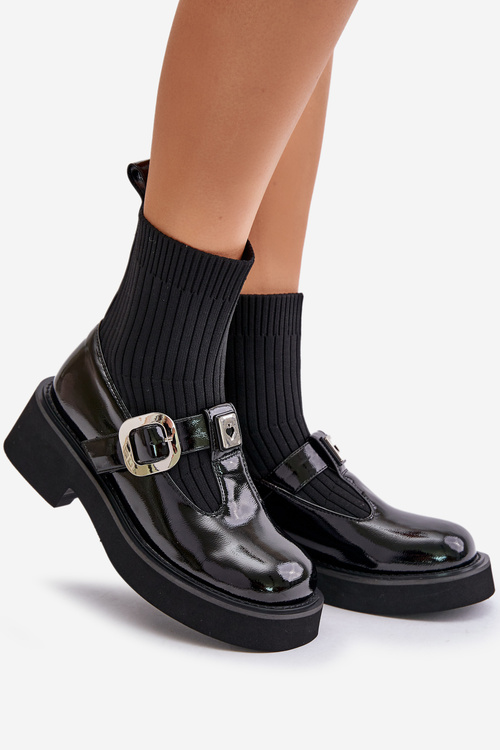 Wsuwane Botki Ze Skarpetą I Klamrą Lakierowane Czarne MR880-076
