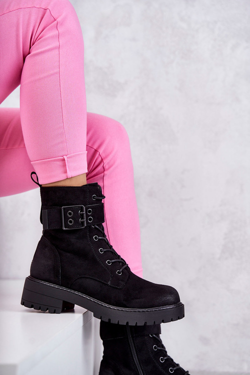 Women's Lace-up Suede Flat Heel Boots Black Firmina