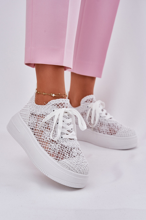Damskie Sneakersy Z Szydełkową Cholewką Na Platformie Białe Mirietto