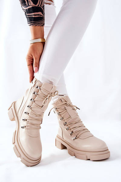 Damskie Ocieplane Botki Trapery Beżowe Perfect