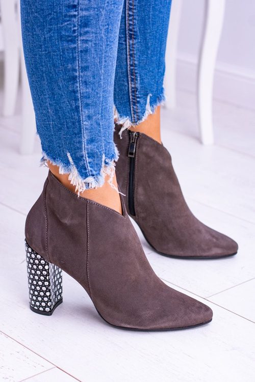 Eleganckie Zamszowe Botki na Słupku Laura Messi Khaki 1849