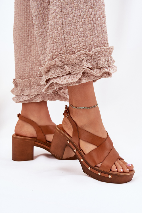 Sandały Na Słupku Skóra Naturalna Brązowe Zazoo 1081