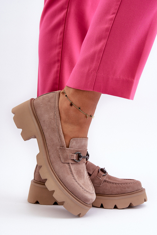 Mokasyny Masywne Zamsz Damskie Beżowe Neloria 7888