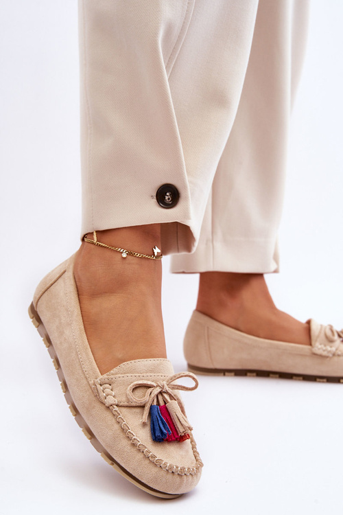 Suede Loafers With Bow And Fringes Beige Dorine
