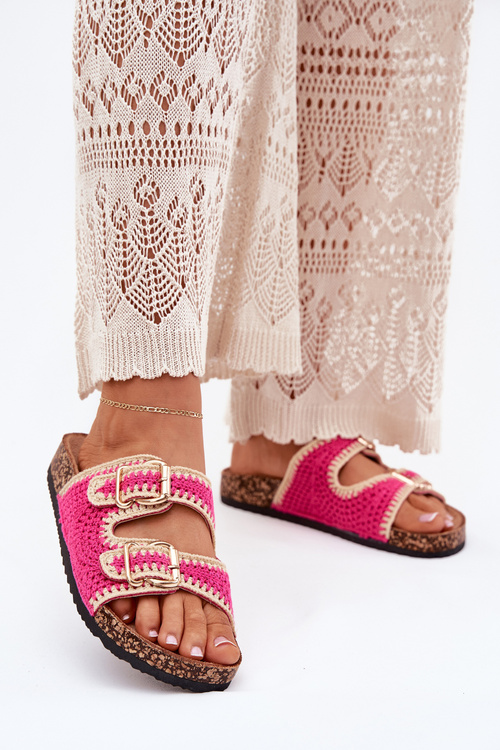 Crocheted Women's Slippers With Golden Buckles Fuchsia Fenira