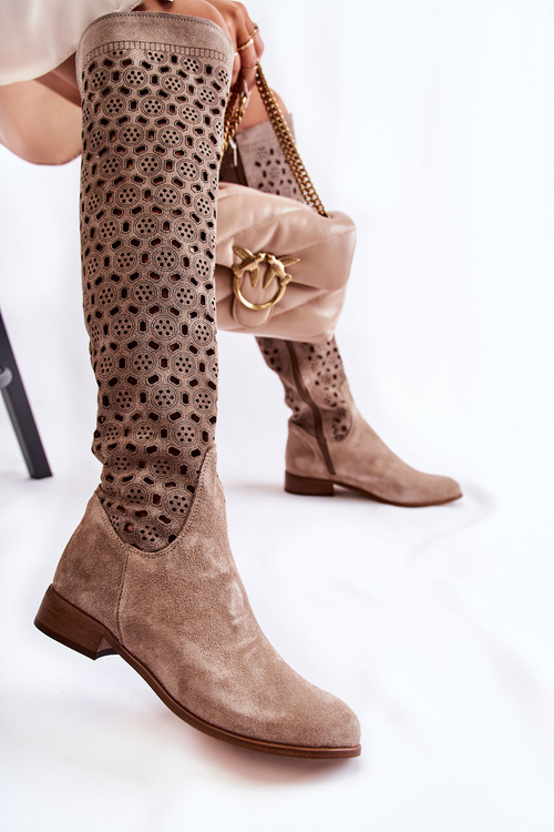 Openwork Suede High Boots Dark beige Pointe