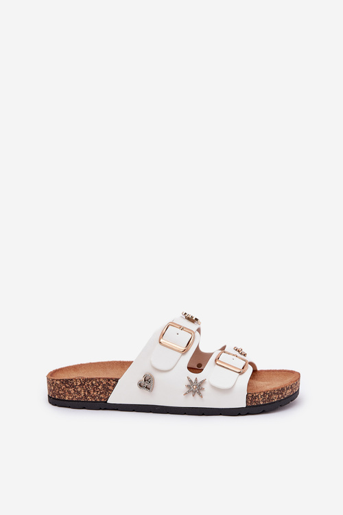 Women's Slippers On Cork Sole With Buckles And Embellishments White Efadelis