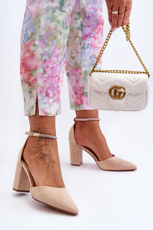 Suede Pumps with Rhinestones Beige Diamond