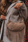 Leather Suede Bag with Fringes Dark Beige Aurelisse
