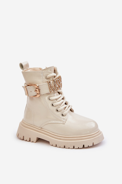 Girls Patent Boots Insulated With Decorative Strap Beige Gilian