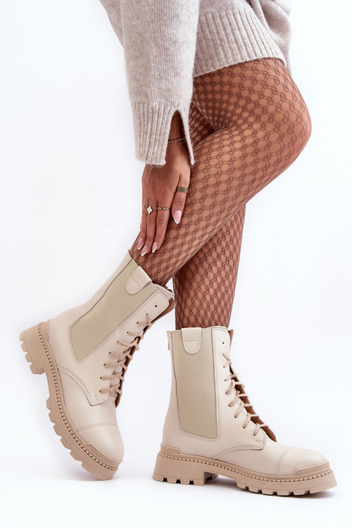 Leather Women's Lace-Up Ankle Boots Beige Nicole 2836