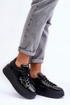 Buty Sportowe Lakierowane Skóra Platforma Czarne Lemar 10150