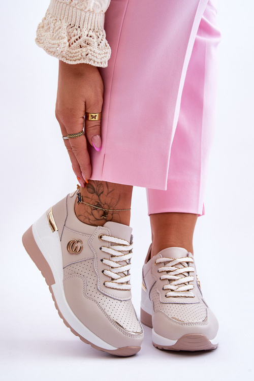 Buty Sportowe Damskie Skóra Koturn Beżowe Rebeca