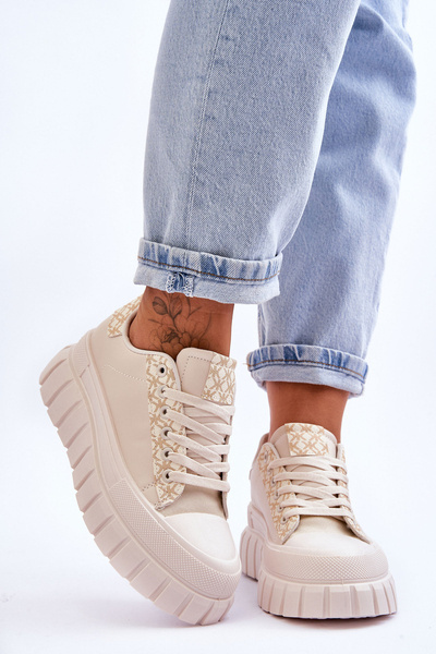 Buty Sportowe Damskie Skóra Platforma Beżowe Alison