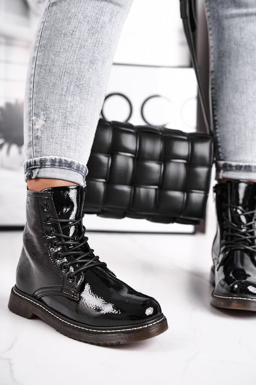 Botki Damskie Lakierowane Trapery Glany Czarne Marita