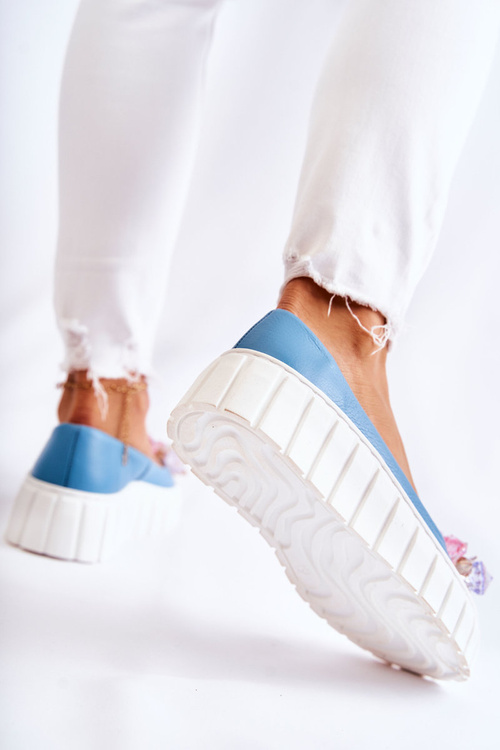 Leather Ballerinas On A Platform With A Ornament Blue and White Ladette