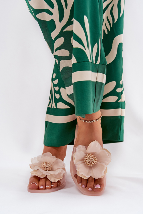 Klapki Damskie Ze Sztucznym Kwiatem Transparentne Płaskie Nude Vobetta