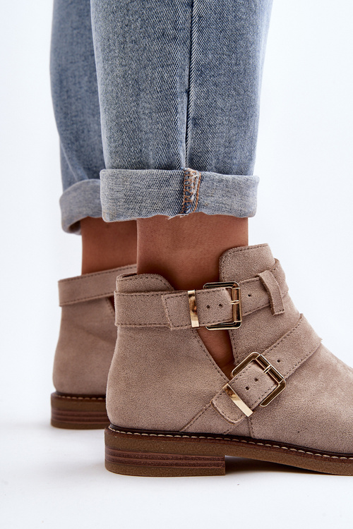 Botki Damskie Płaski Obcas Paski Jasnobeżowe Melviana A2901