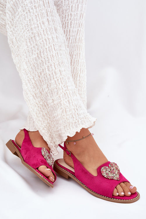 Sandały Damskie Płaskie Ozdobne Serce Fuksja S.Barski KV27-018