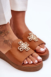 Women's Leather Platform Slippers with Ornament Brown Azera