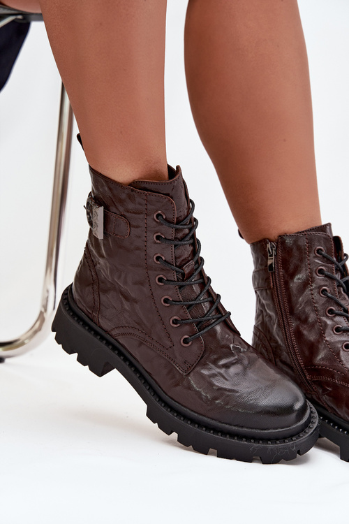 Leather Women's Ankle Boots With Wrinkled Effect And Buckle Artiker 57C1007 Chocolate
