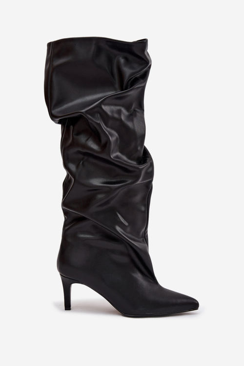 Women's High Heel Ankle Boots Slip-On With Gathering Black Rosivine