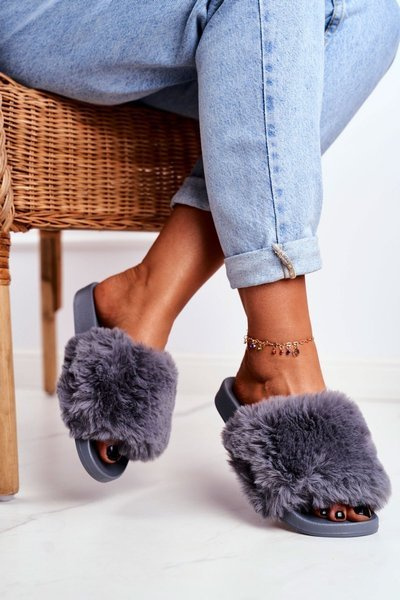 Women's Slides With Fur Grey Sensitive
