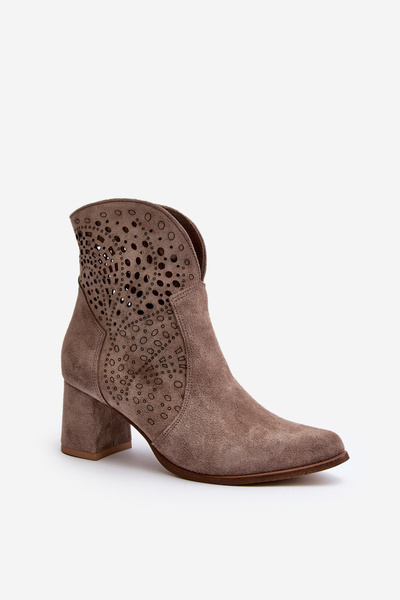 Women's Beige Suede High Heel Openwork Boots Zazoo 3166/P