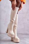 Fashionable Leather Boots On Chunky Heels Beige Meggie