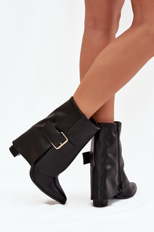 Insulated ankle boots on a heel with a rolled top and gold buckle black Ylenara