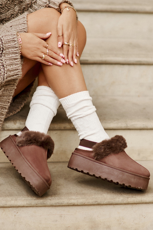 Women's Slippers On Platform With Fur Brown Linaris