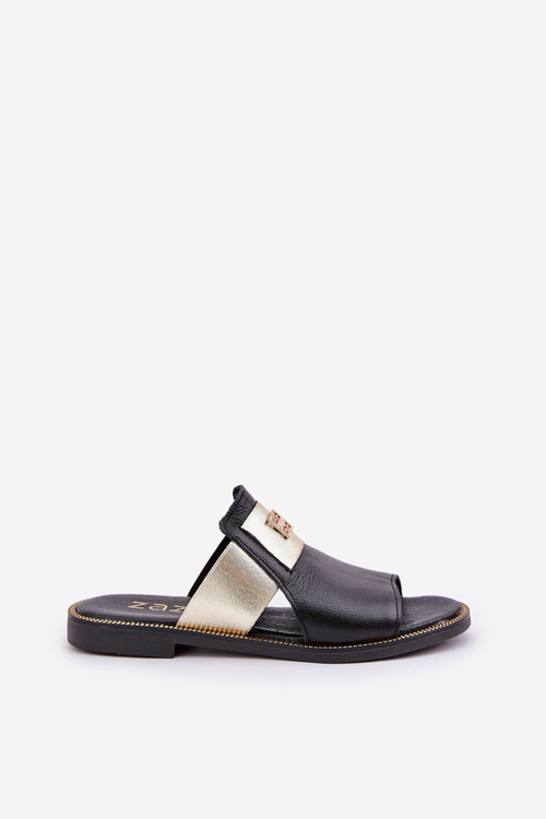 Klapki Damskie Eleganckie Płaskie Skóra Naturalna Czarne Zazoo 40423