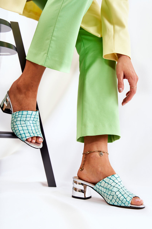 Leather Women's Slippers Crocodile pattern On Heel Light green Perry