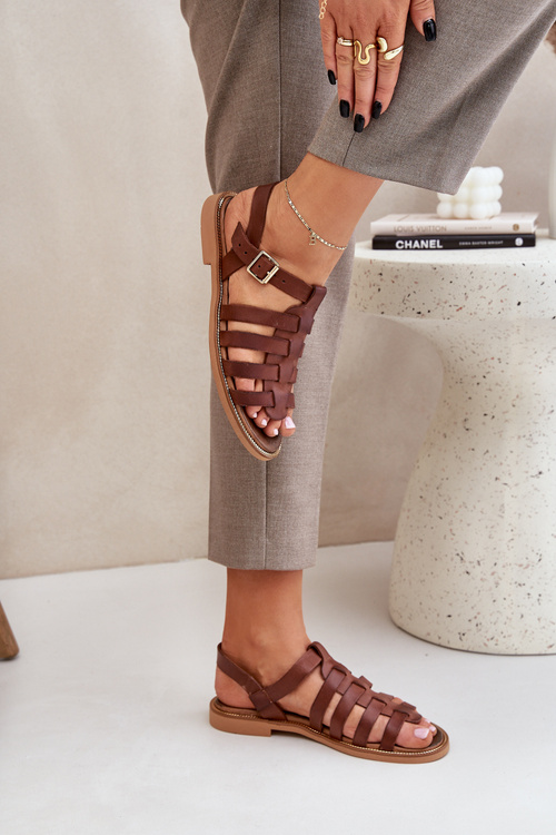 Sandały Płaski Obcas Skóra Naturalna Brązowe Zazoo 3686