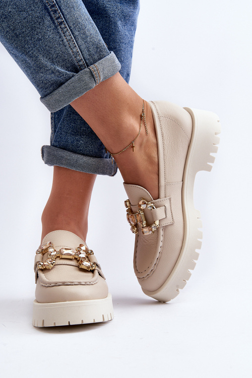 Women's Leather Moccasins with Decoration CheBello 4369 Beige