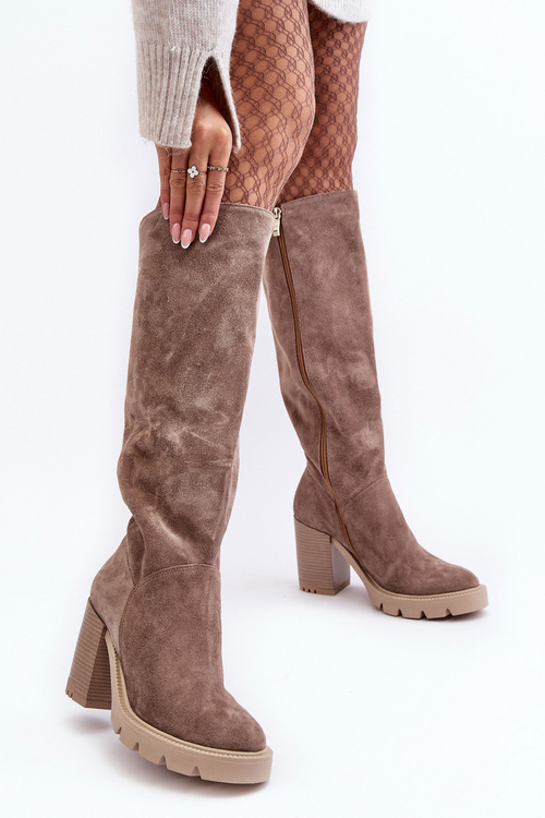 Kozaki Damskie Zamsz Słupek Ciemnobeżowe Lewski 3371