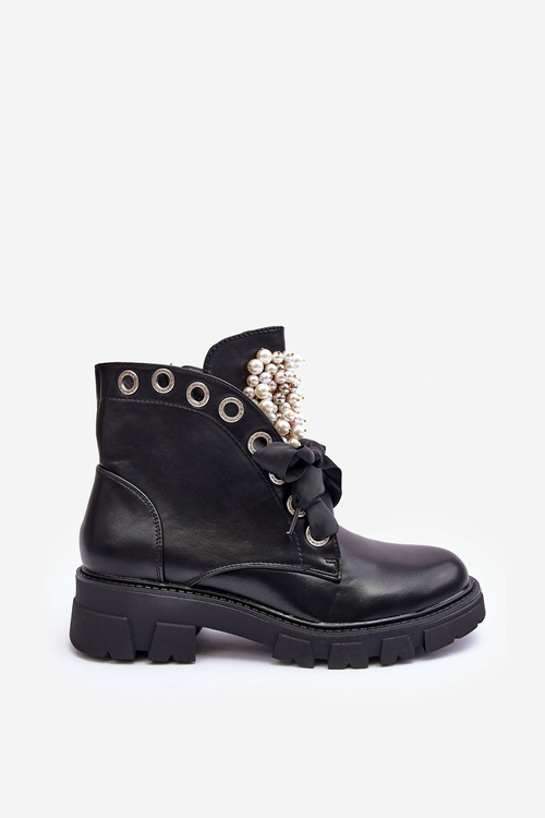 Leather Embellished Low Boots On A Flat Heel Black Binga