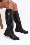 Women's Flat Heel Boots with Strap and Gold Buckle Black Sylvena