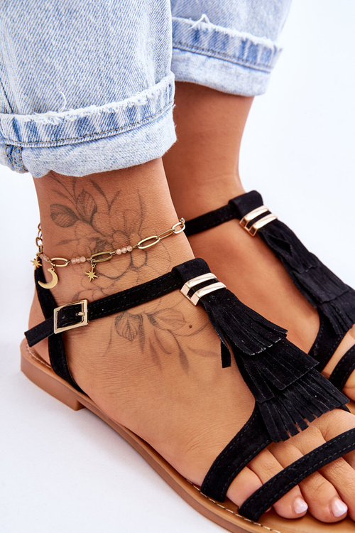 Women's Flat Suede Boho Sandals Black Lucami