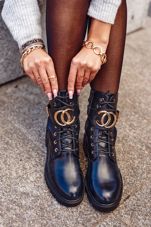 Women's Insulated Boots With Golden Buckle Black Gold