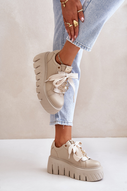Women Sneakers On Massive Sole With Golden Decoration CheBello 4530 Beige