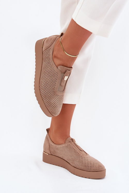 Damskie Eko Zamszowe Półbuty Na Platformie Ciemnobeżowe Aviara