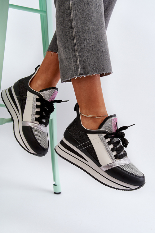 Sneakersy Damskie Platforma Koturn Brokat Rafani Czarne A-59